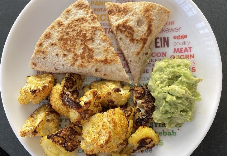 Chicken and Cheese quesadilla, curried cauliflower and guacamole
